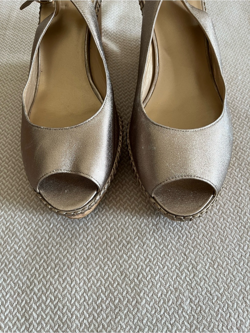 Stuart Weitzman Gold Metallic Peep Toe Slingback Wedge Sandals Size 10.5M
